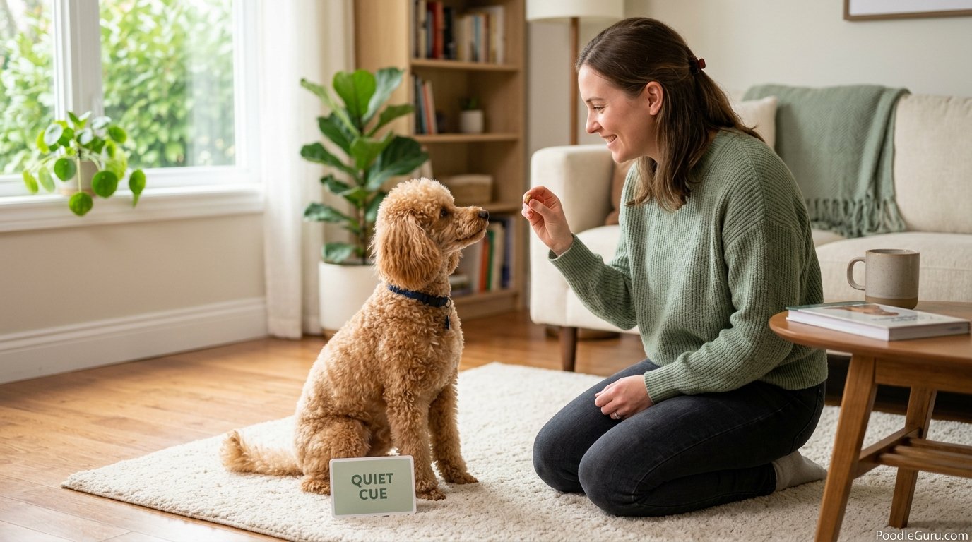 Miniature Poodle practicing quiet cue during watchdog training with calm owner
