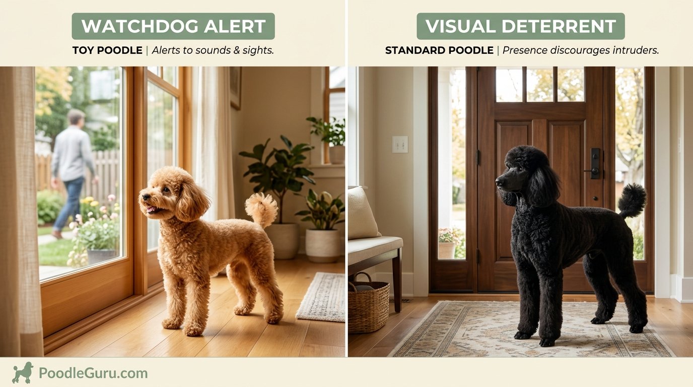 Poodle watchdog versus guard dog comparison showing alert barking and visual deterrent behavior