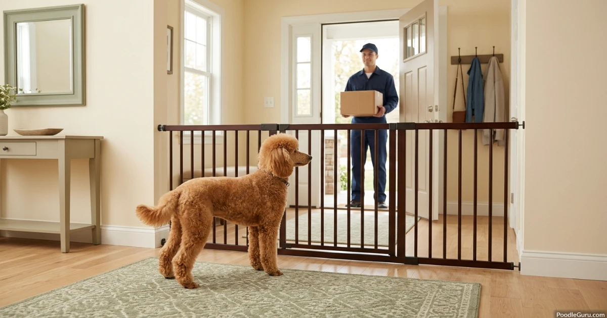 Miniature Poodle observing a visitor through the front door