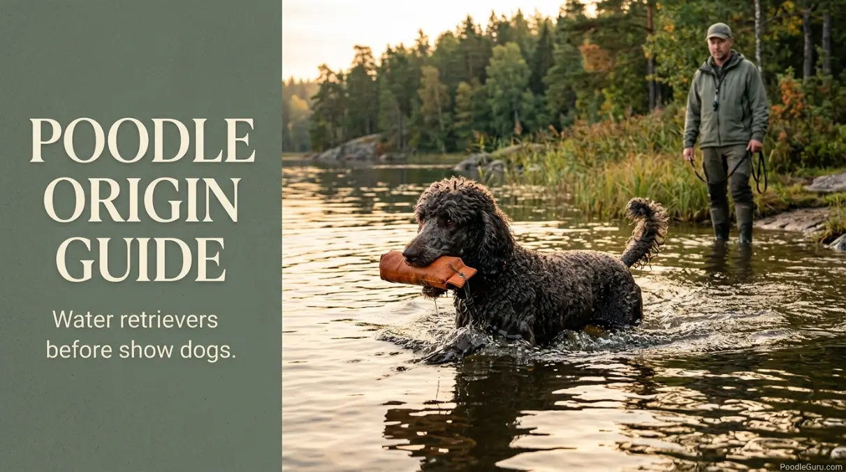What were poodles originally bred for: Standard Poodle swimming and retrieving a dummy from a lake