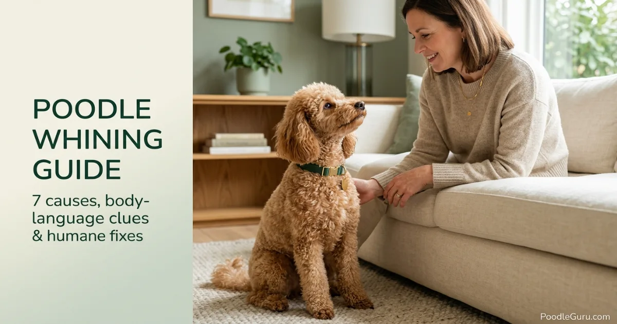 Poodle whining while looking at owner in a calm living room