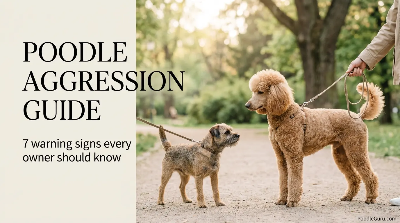 Can poodles be aggressive toward other animals? Standard Poodle calmly meeting a small terrier on leash in a park