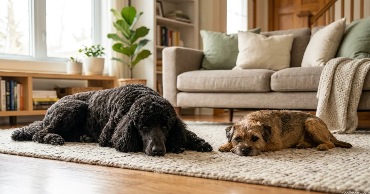 standard poodle lying calmly next to a small terrier mix on a rug
