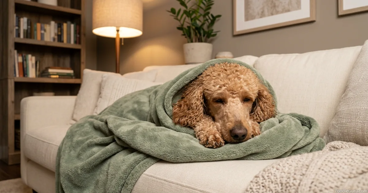 Standard Poodle wrapped in a warm sage green blanket after a snow outing