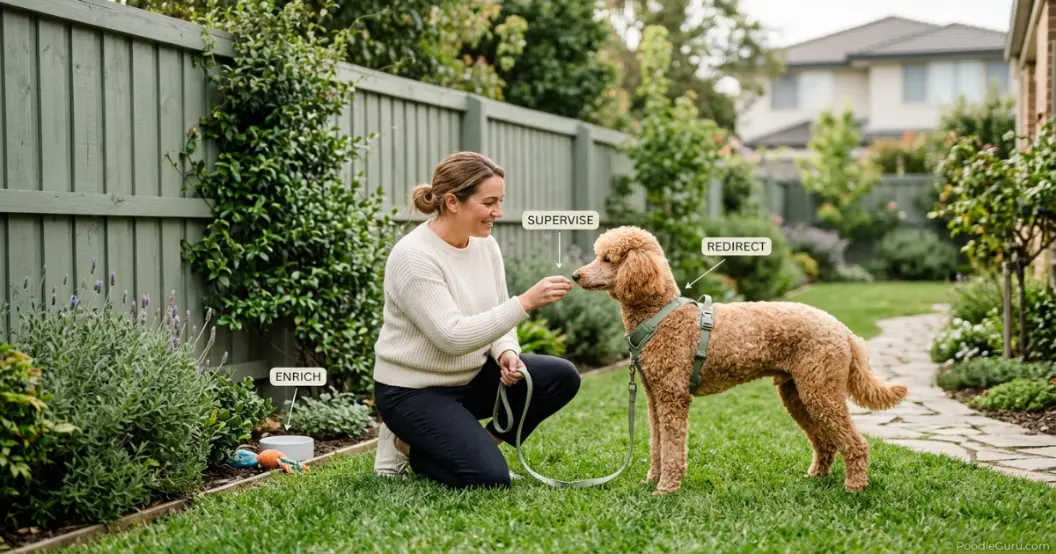 Poodle yard risk and fence reactivity prevention with calm owner redirection
