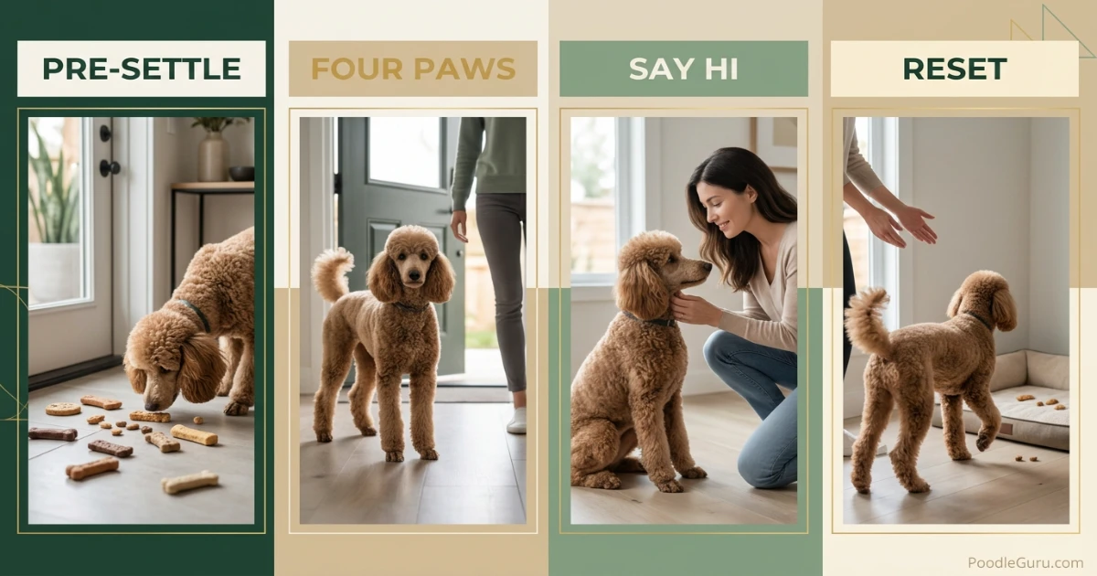 Four-step Poodle greeting protocol showing pre-settle, four paws, say hi, and reset