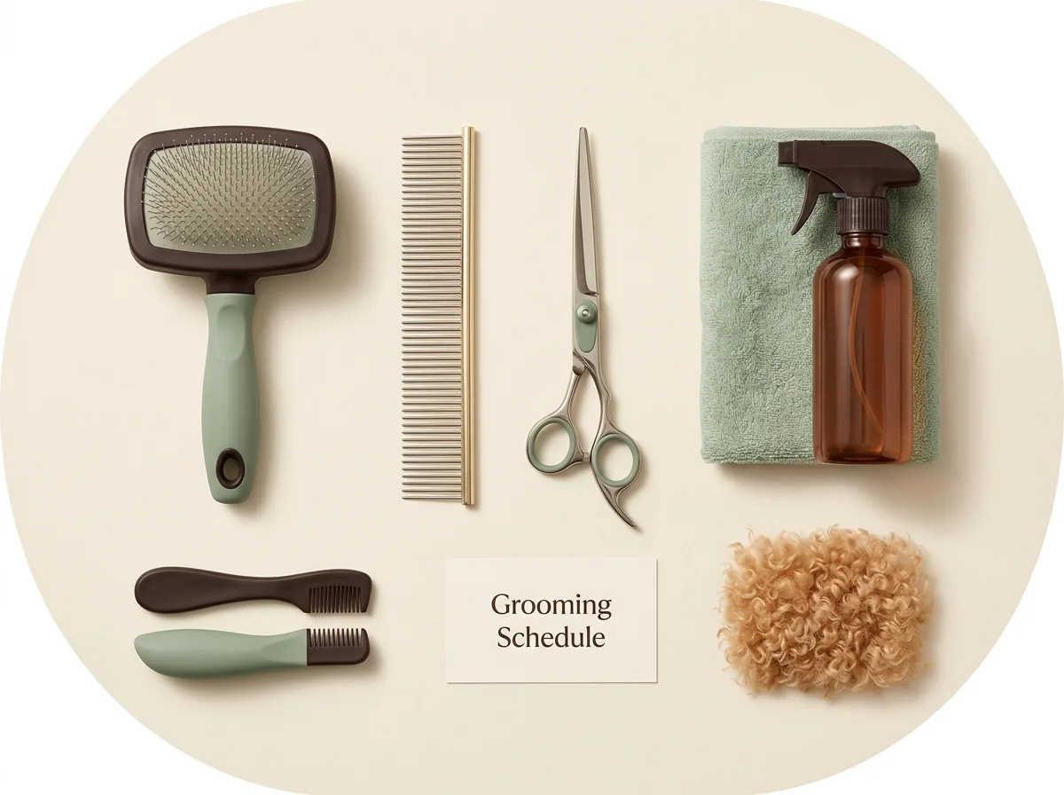 Poodle grooming brush, comb, and coat care tools on a clean cream background