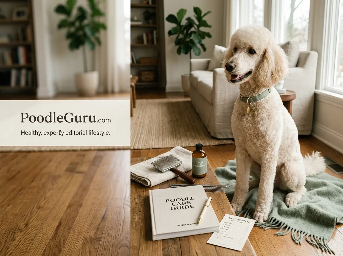 Happy poodle sitting beside grooming tools and poodle care guide