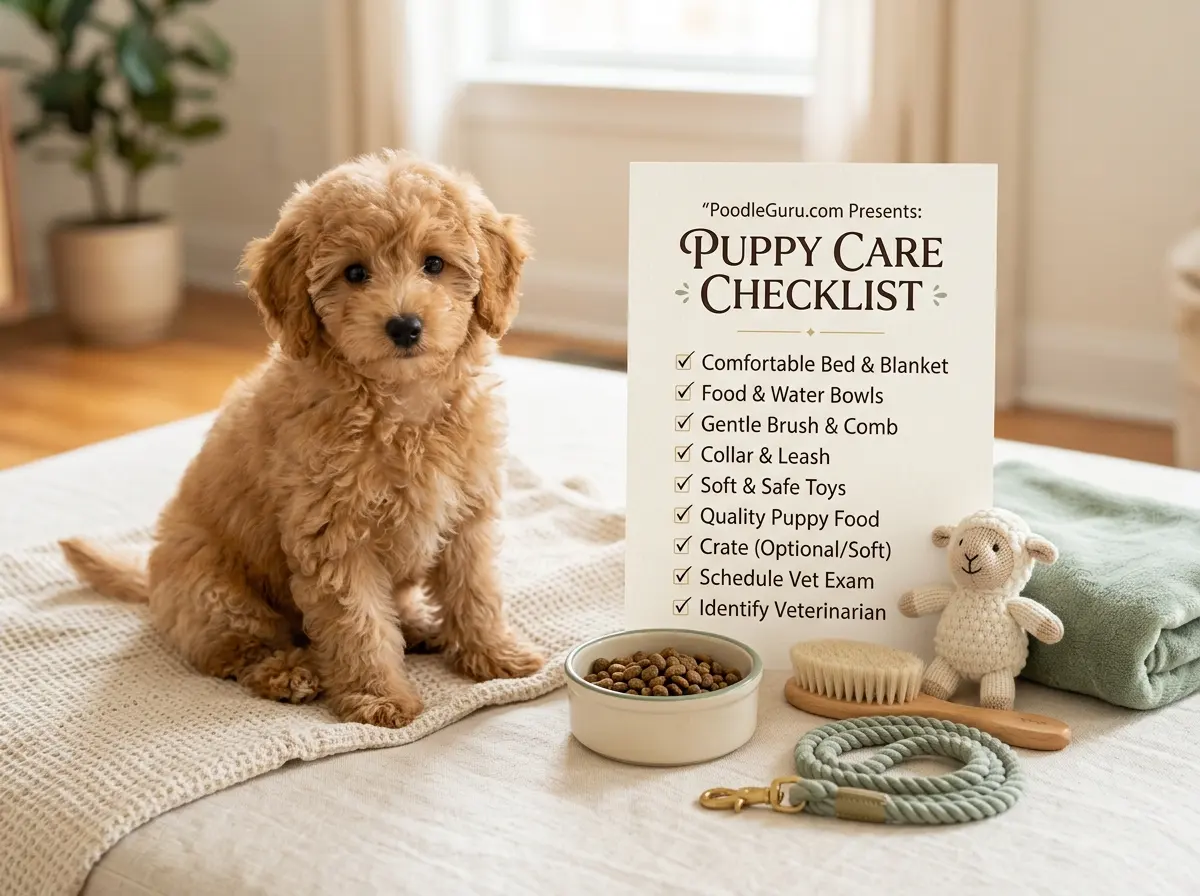 Toy poodle puppy sitting beside a beginner puppy care checklist