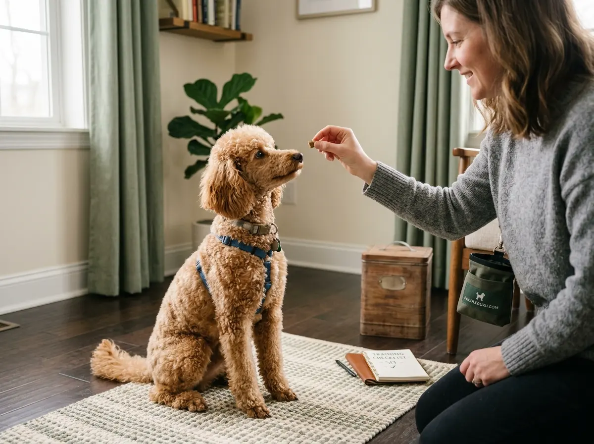 Poodle learning basic training commands in a calm home environment
