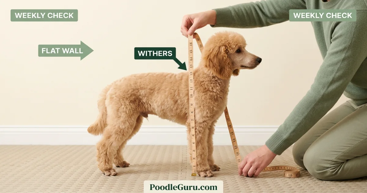 Owner measuring a young Poodle at the withers to track when Poodles stop growing