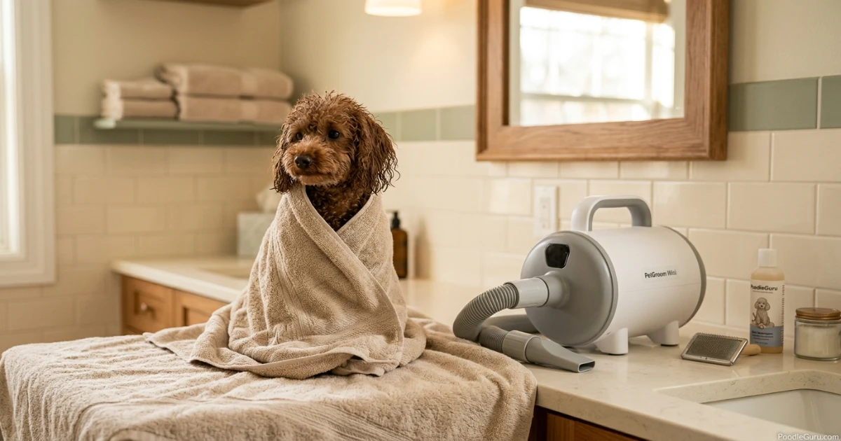Portable dog dryer for Miniature Poodle home grooming after a bath