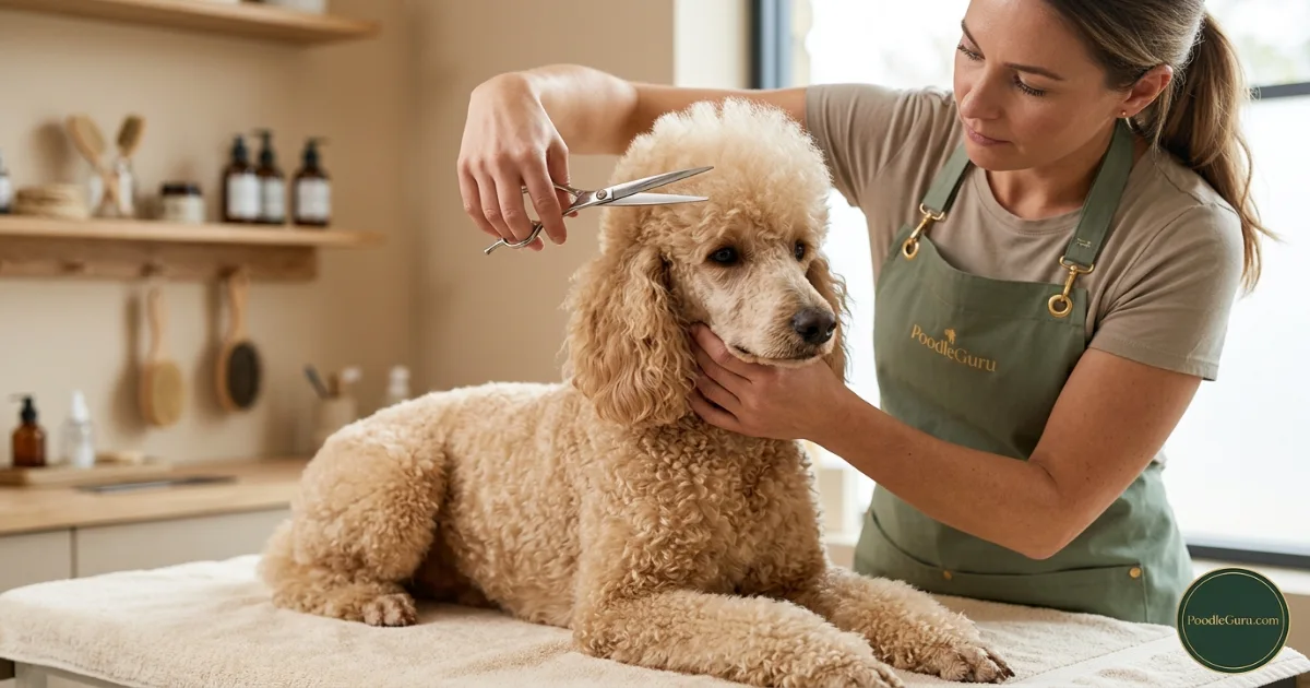 Professional groomer shaping a poodle mohawk crest with scissors