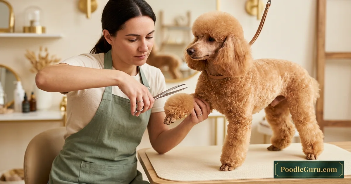 Professional groomer scissoring a poodle bikini clip bracelet