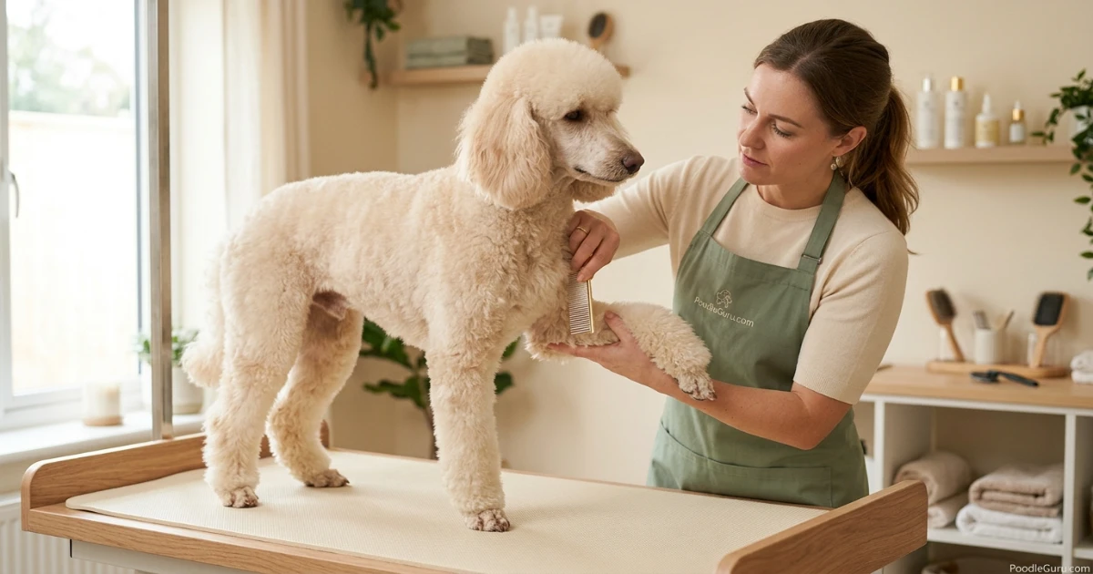 Professional poodle groomer checking mats with a comb