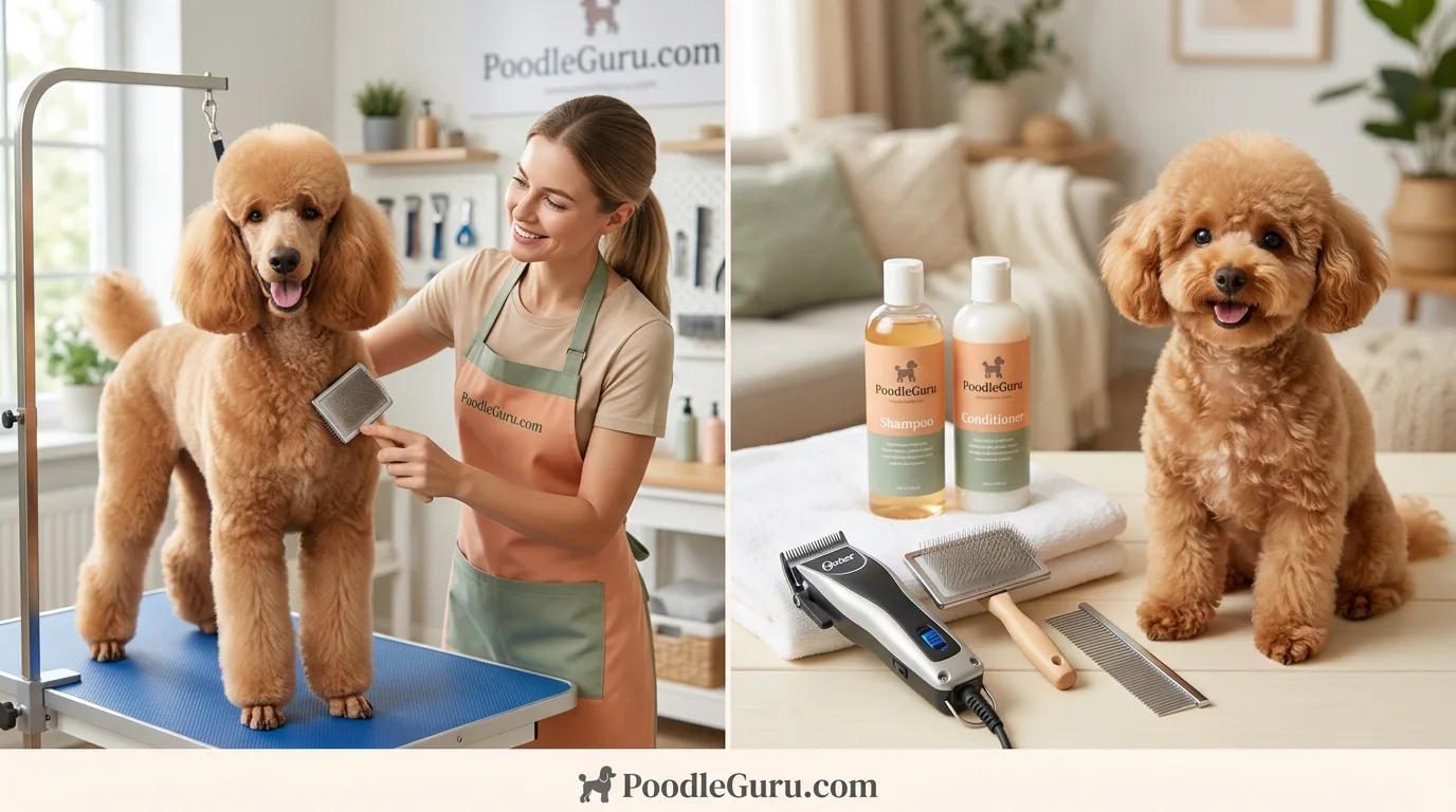 Professional versus DIY poodle grooming cost comparison with clippers, brush, shampoo and grooming table