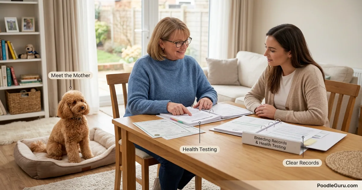 Responsible Toy Poodle breeder visit with health records before buying a teacup-labeled puppy