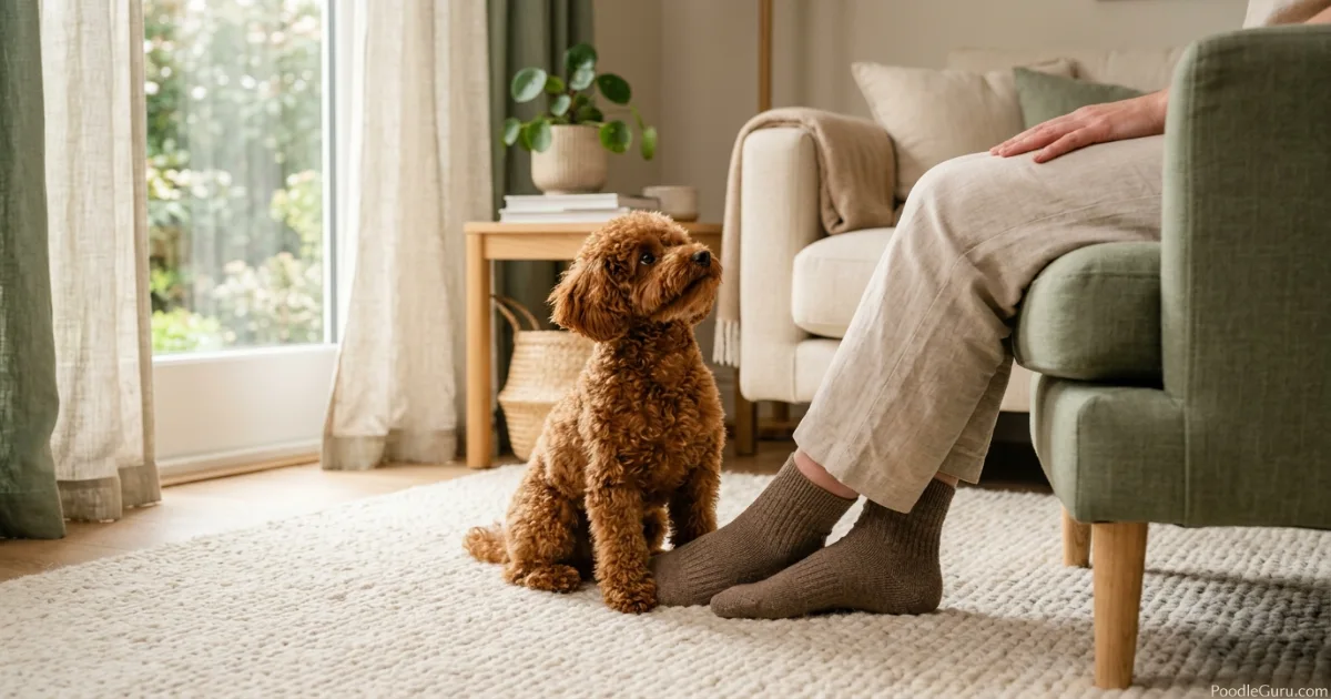 Red Toy Poodle sitting closely at owner's feet showing clingy body language