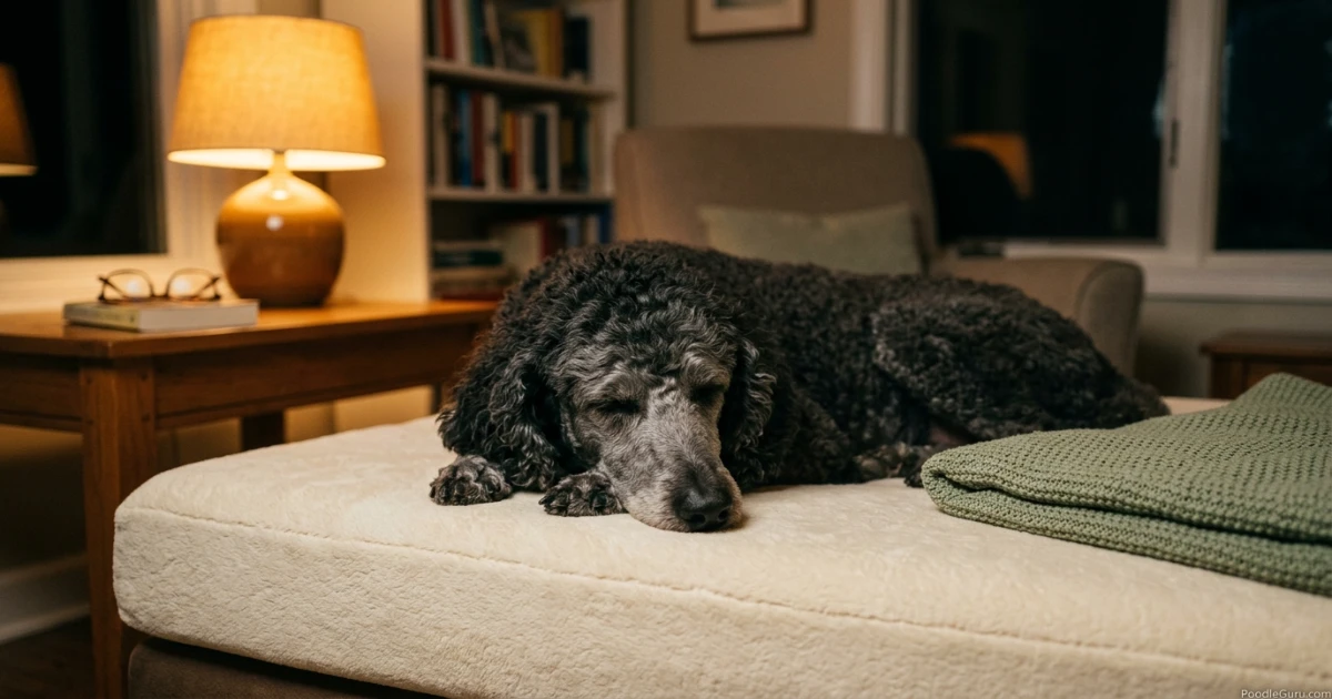 Senior standard poodle resting at night when evaluating sudden nighttime restlessness