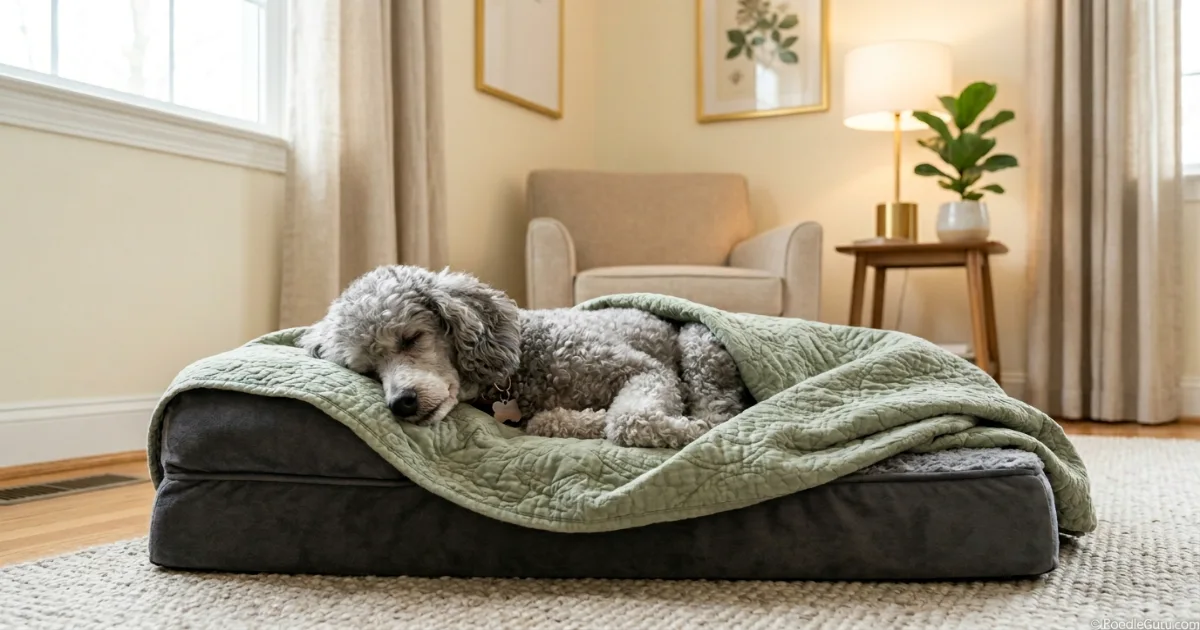 Senior silver Miniature Poodle resting comfortably on an orthopedic bed