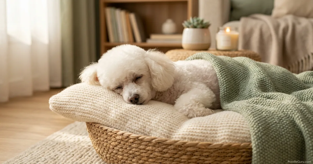 Senior Toy Poodle resting after a gentle grooming session