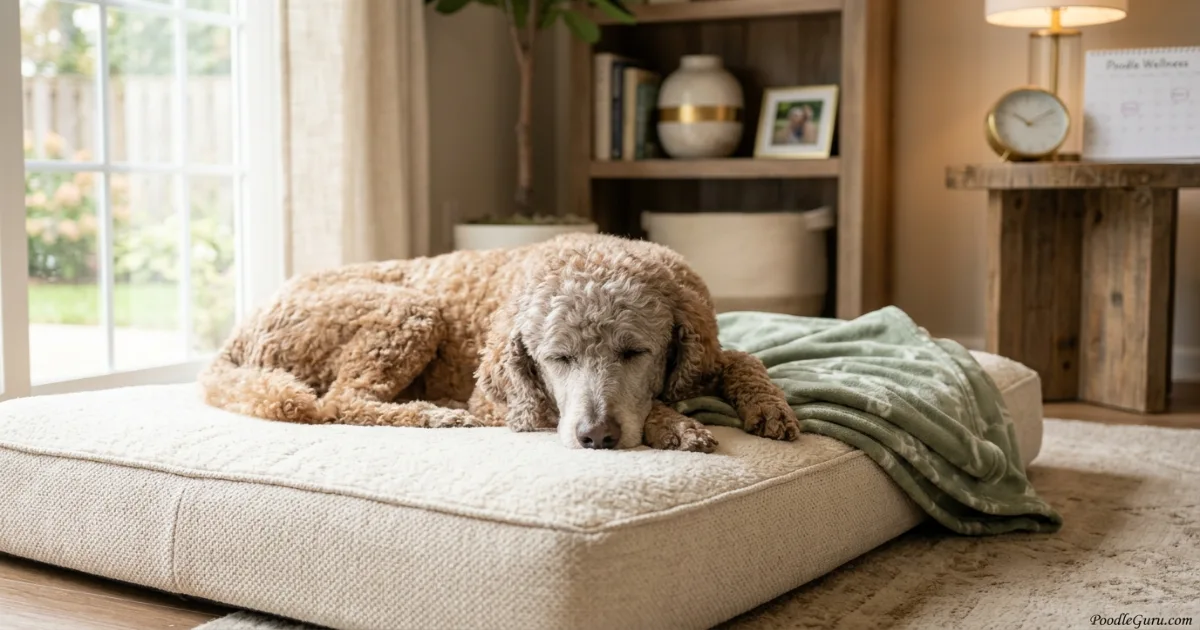 Senior Standard Poodle resting calmly, showing when poodle humping behavior may need a vet check