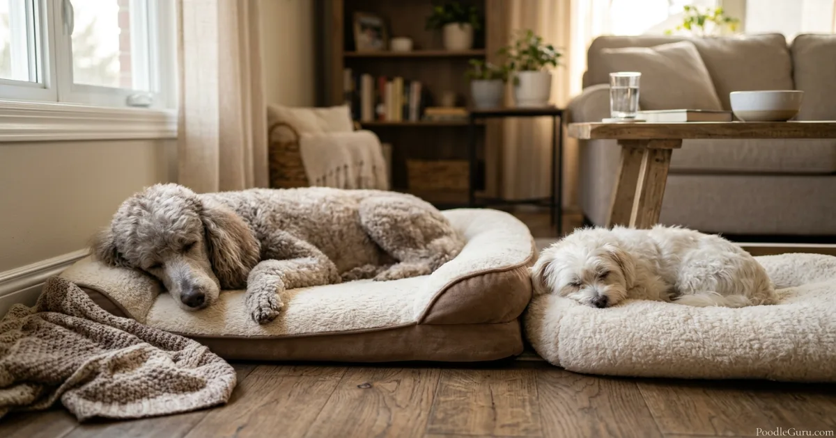 senior standard poodle resting peacefully beside a small fluffy dog on a dog bed