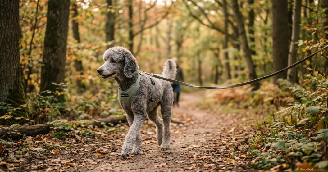 Senior silver Standard Poodle enjoying a gentle walk on a shaded forest path