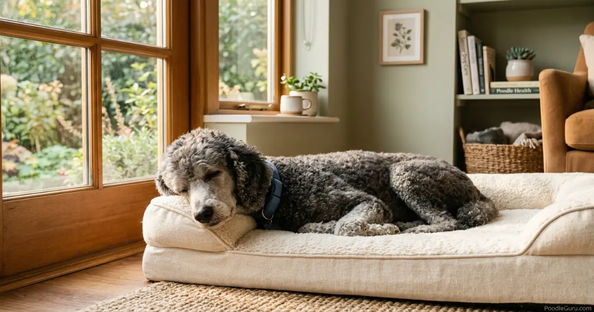 Senior standard poodle with graying muzzle resting on a cream bed, relating to age-related poodle coughing