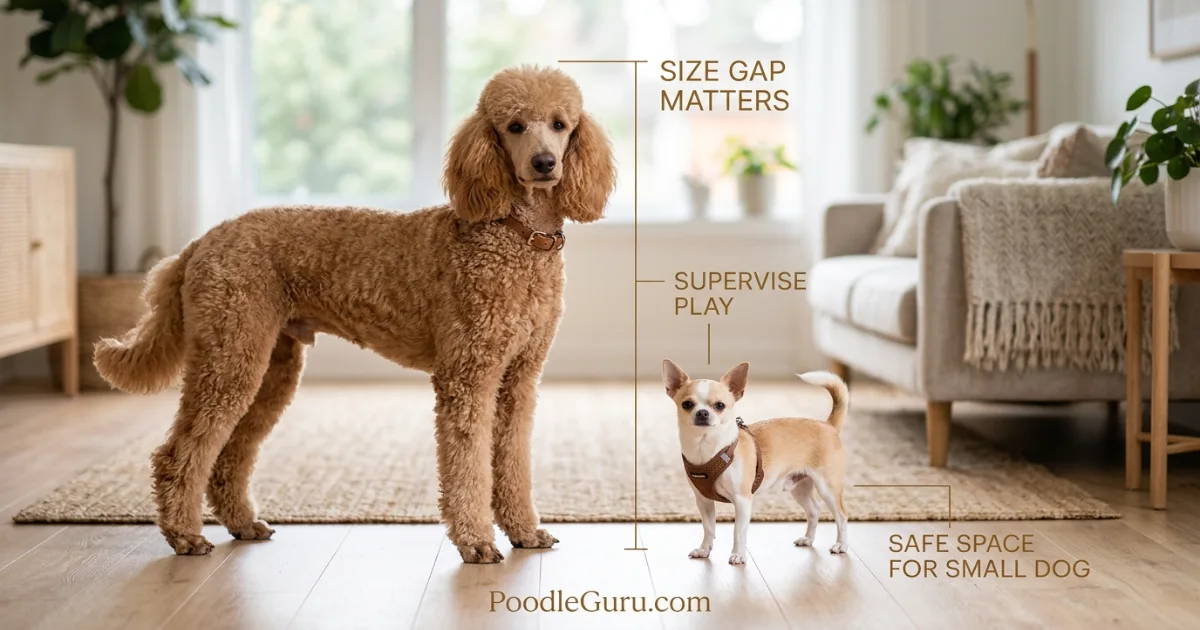side-by-side comparison showing standard poodle height versus a small dachshund