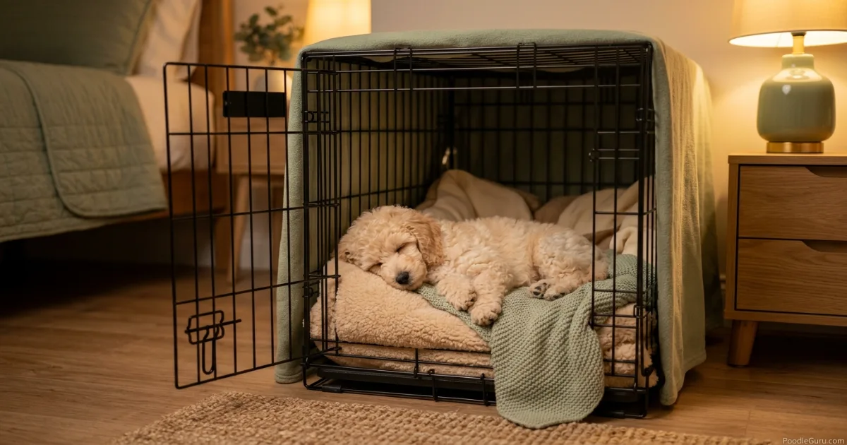 Peaceful sleeping poodle puppy after poodle puppy crying at night improves with a calm bedtime routine