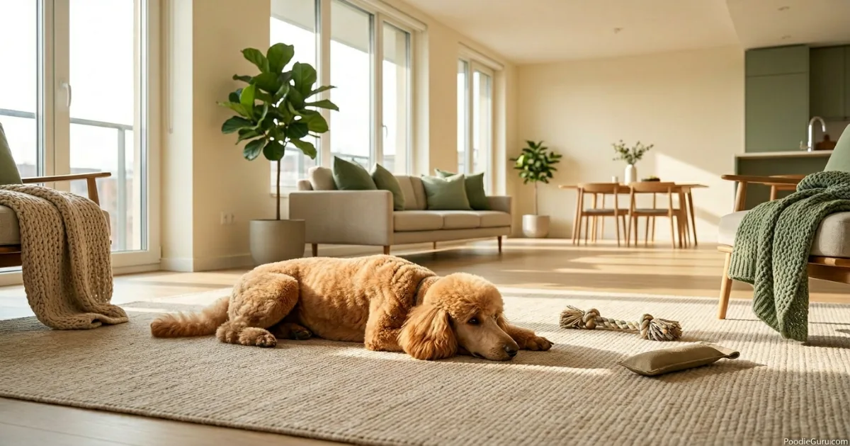 Standard Poodle relaxing on a sunlit apartment floor with toys