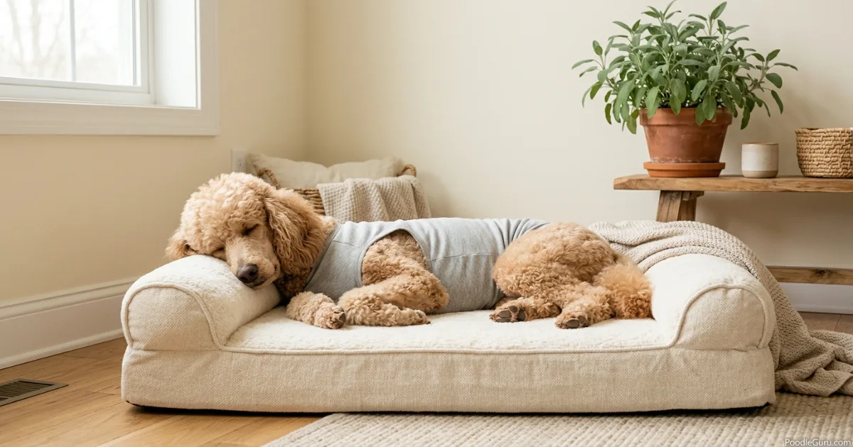 Standard Poodle resting calmly with a pressure wrap for anxiety support