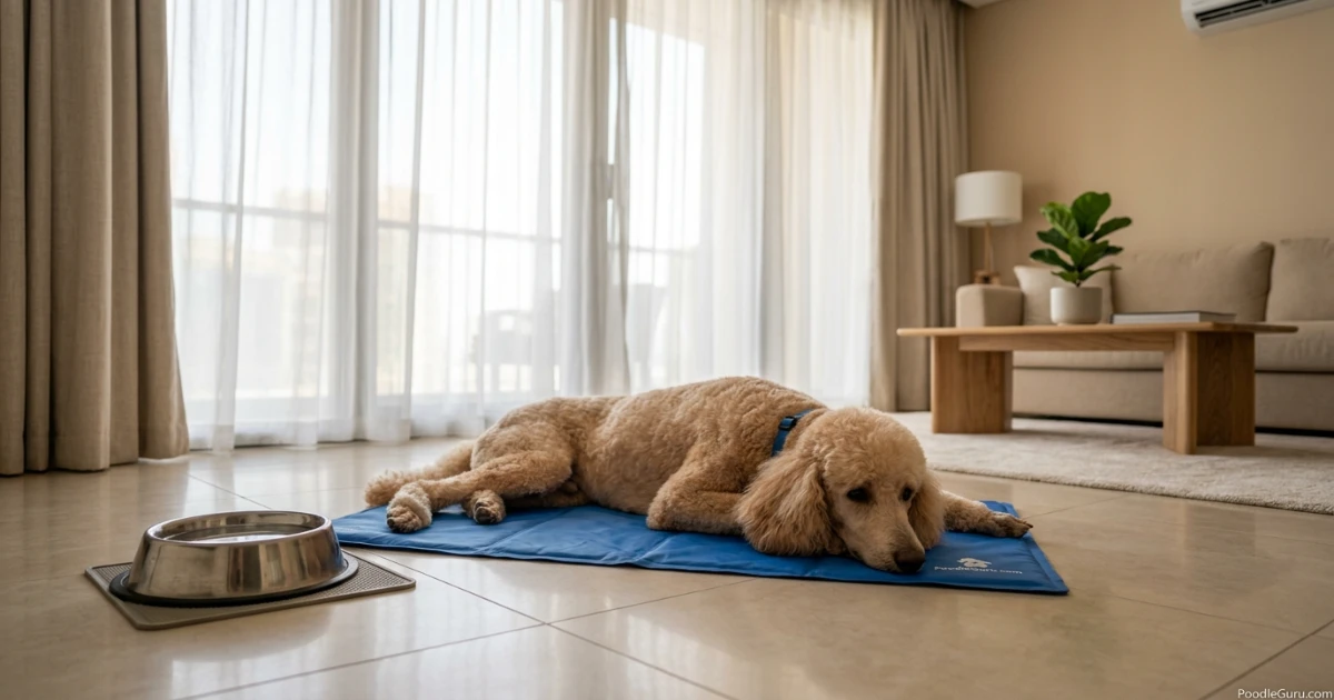 Standard Poodle resting on a cooling mat indoors during UAE summer