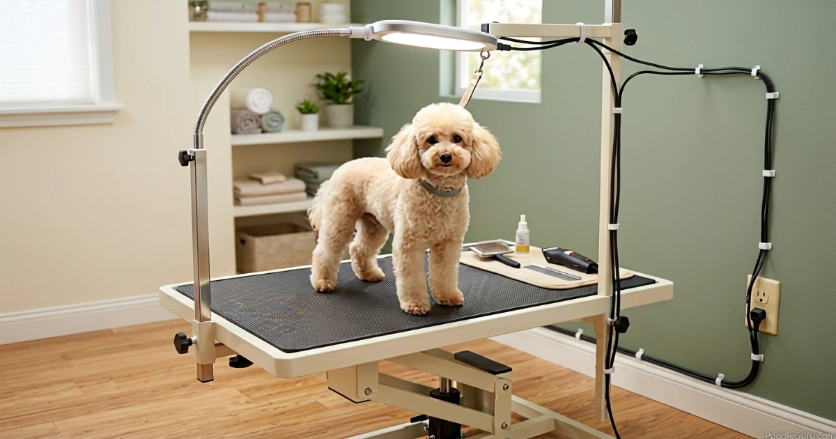 Poodle grooming station lighting and cord safety setup
