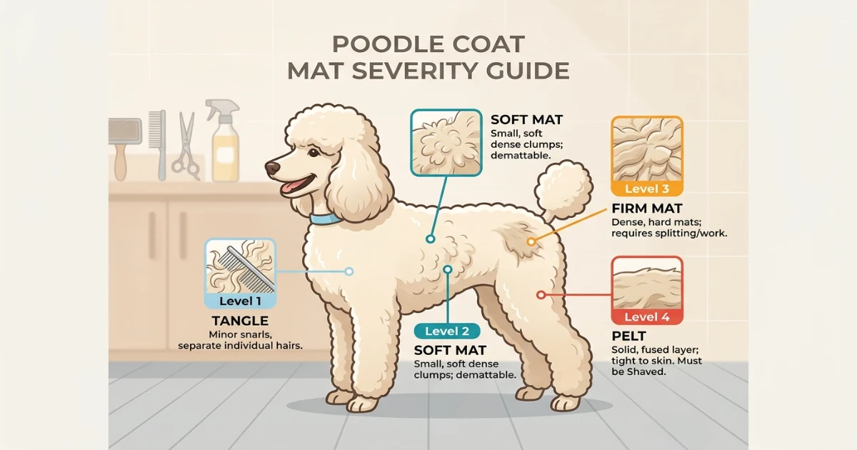 Standard Poodle with a clean, mat-free coat after successful grooming routine