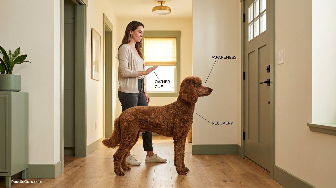 Standard Poodle evaluated for watchdog alertness with calm owner cue near front door