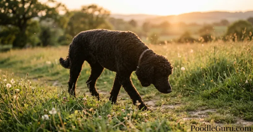 Black standard poodle sniffing grass outdoors during golden hour