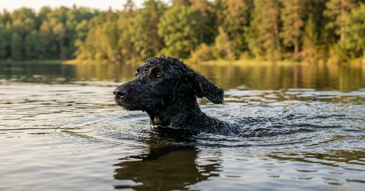 Black Standard Poodle swimming confidently in a calm lake for exercise