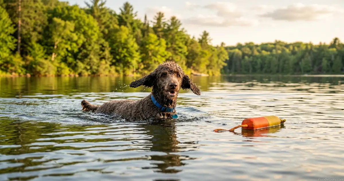 Do poodles like water? Brown Standard Poodle swimming in a calm lake with a retrieve toy