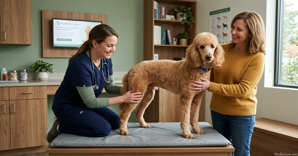 Veterinarian examining Standard Poodle hind leg for limping causes
