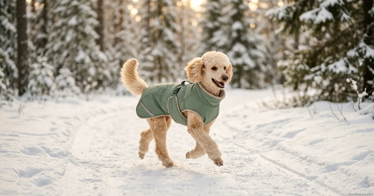 Standard poodle wearing an insulated green winter coat walking on a snowy trail