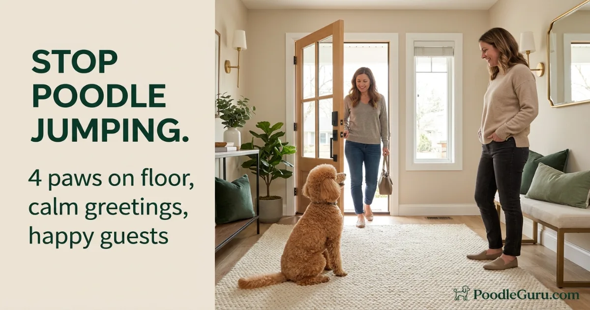 Apricot Miniature Poodle sitting calmly while a guest enters the home