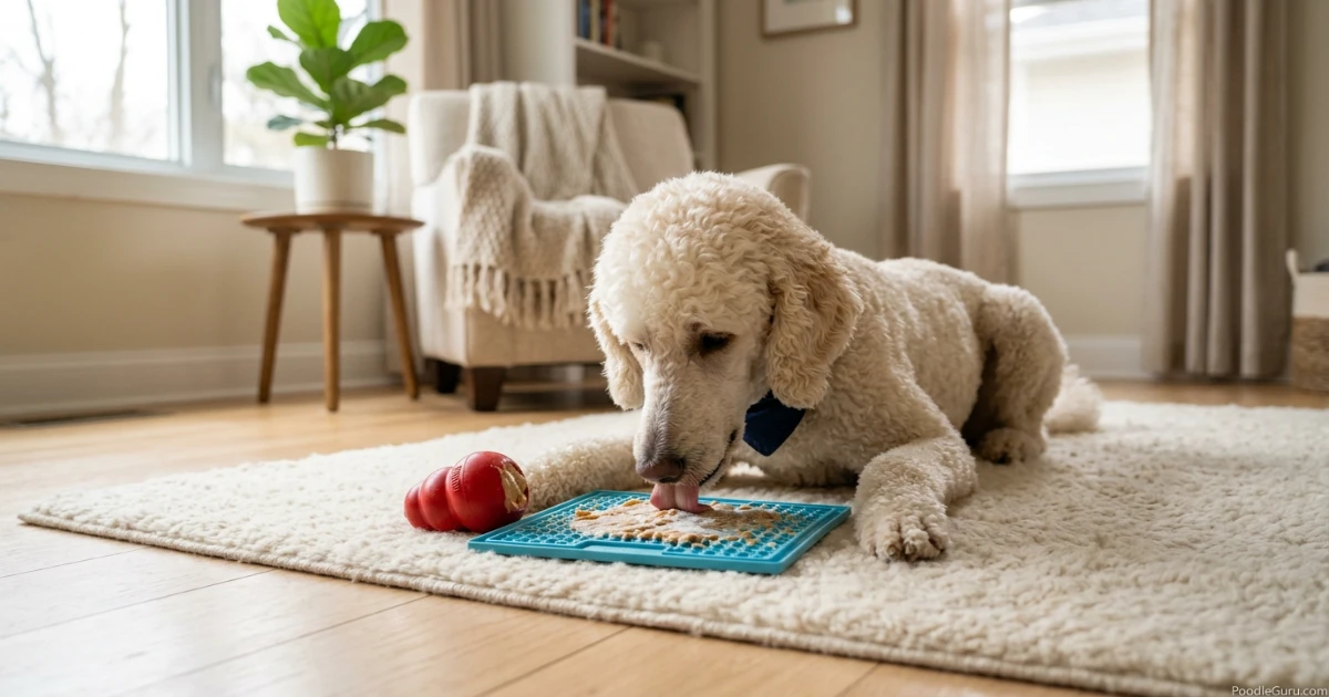 A Standard Poodle licking a frozen treat off a suction lick mat attached to tile