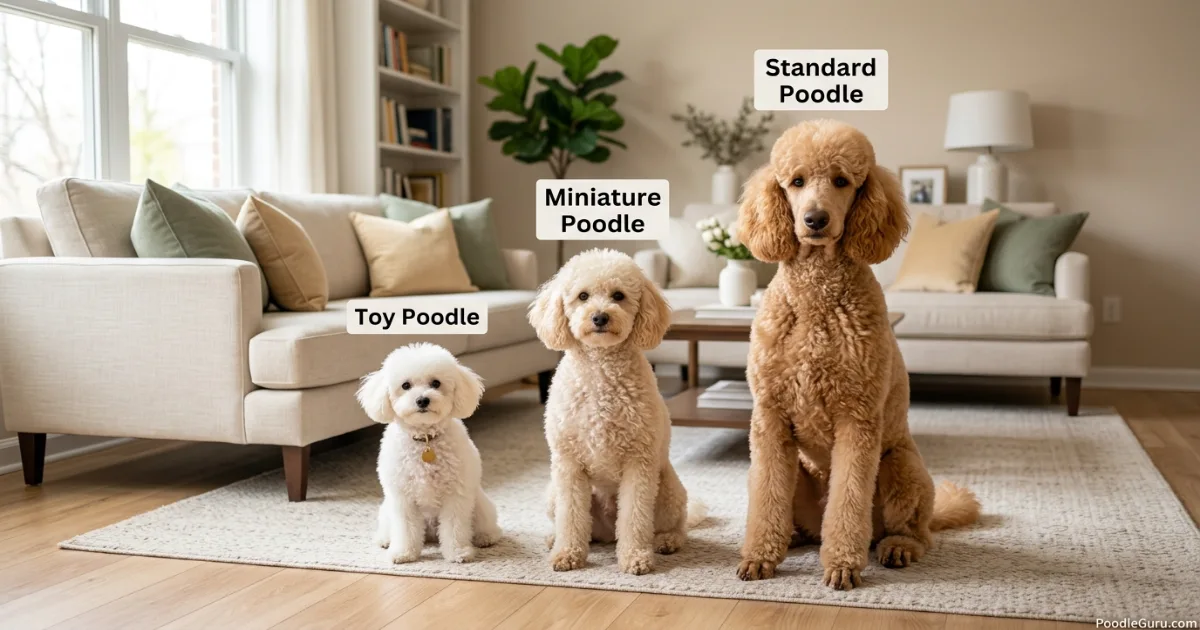 Toy, Miniature, and Standard Poodles sitting side by side in a bright living room