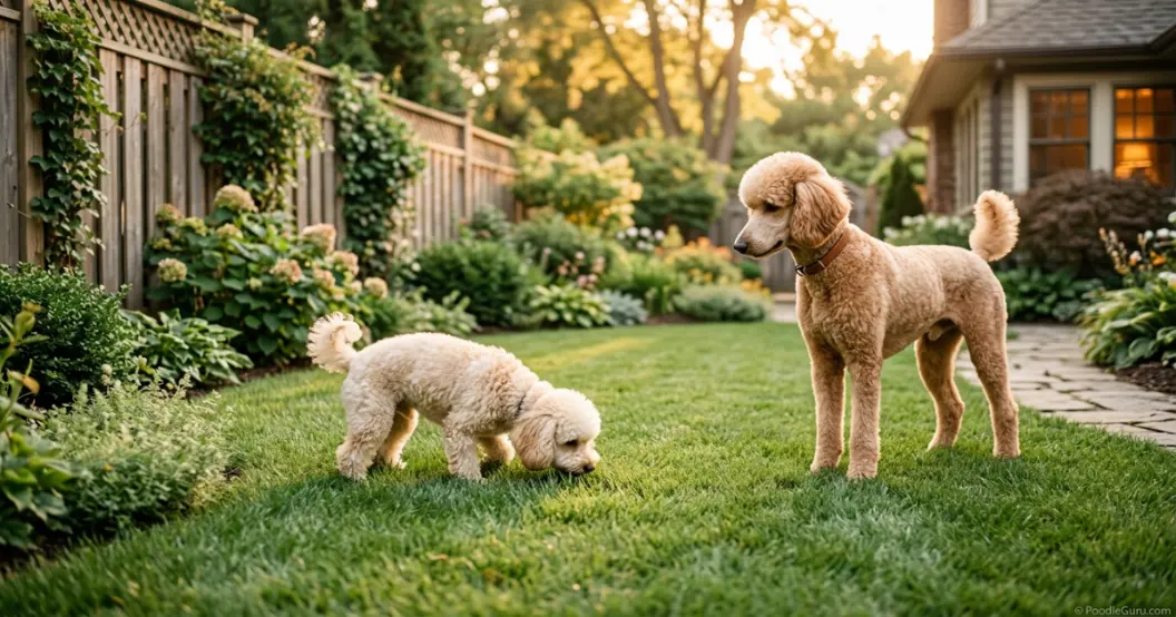 Toy Poodle and Standard Poodle in a grassy backyard