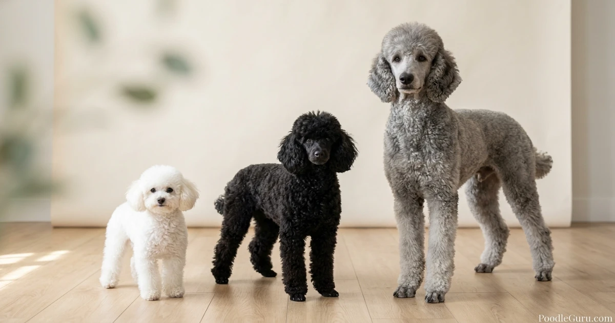 Toy, Miniature, and Standard Poodle standing side by side for size comparison
