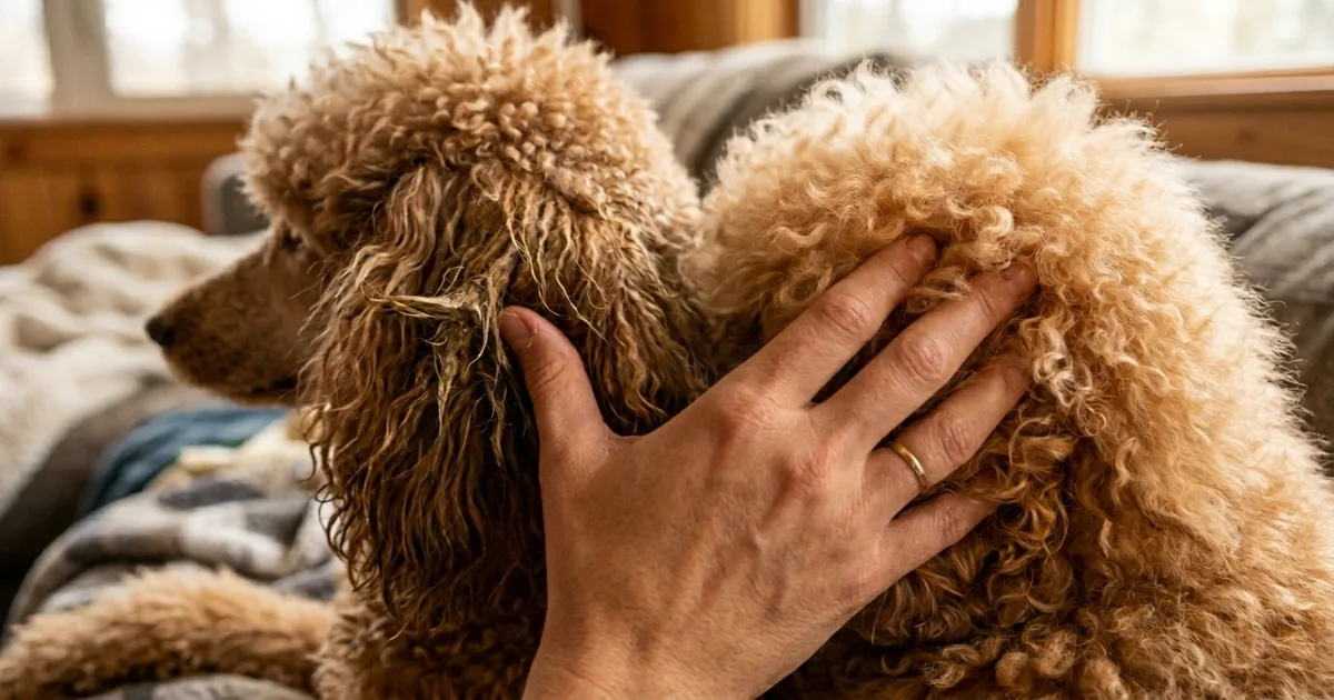 Toy, Miniature, and Standard Poodles side by side showing coat size differences