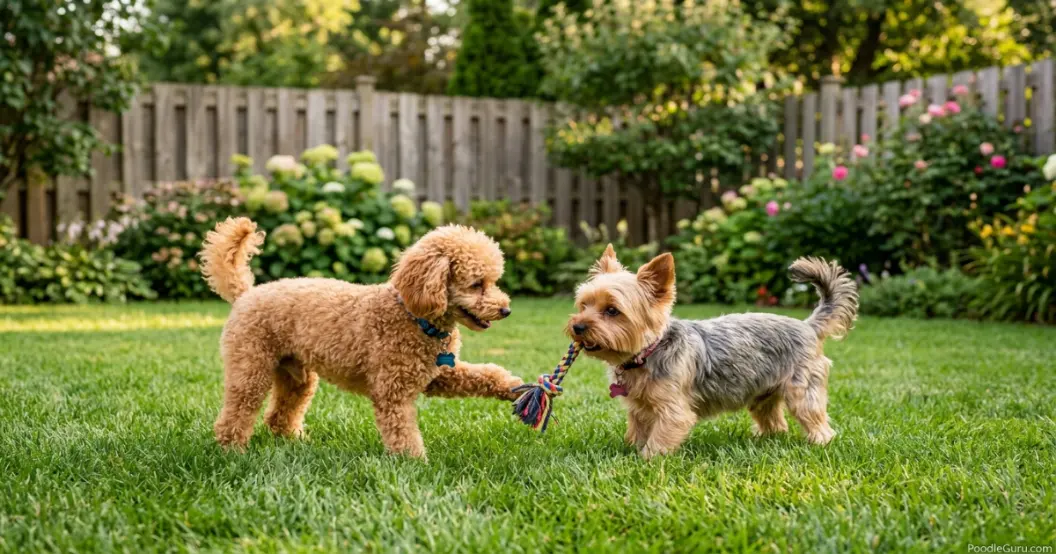 toy poodle and yorkshire terrier playing gently on grass