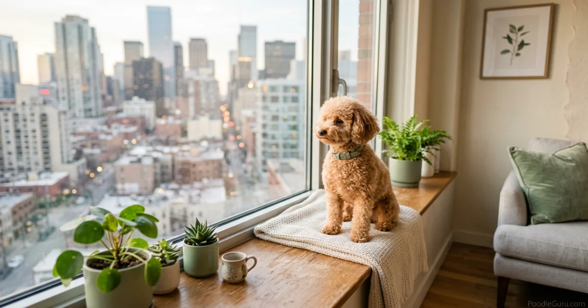 Toy Poodle sitting on an apartment windowsill with city skyline view
